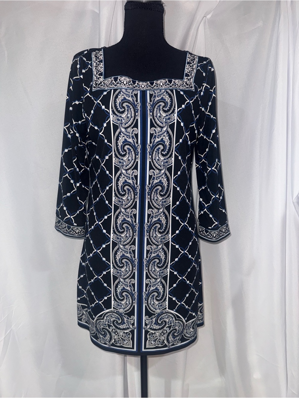 White House Black Market Navy and White Paisley-Trim Mini Dress